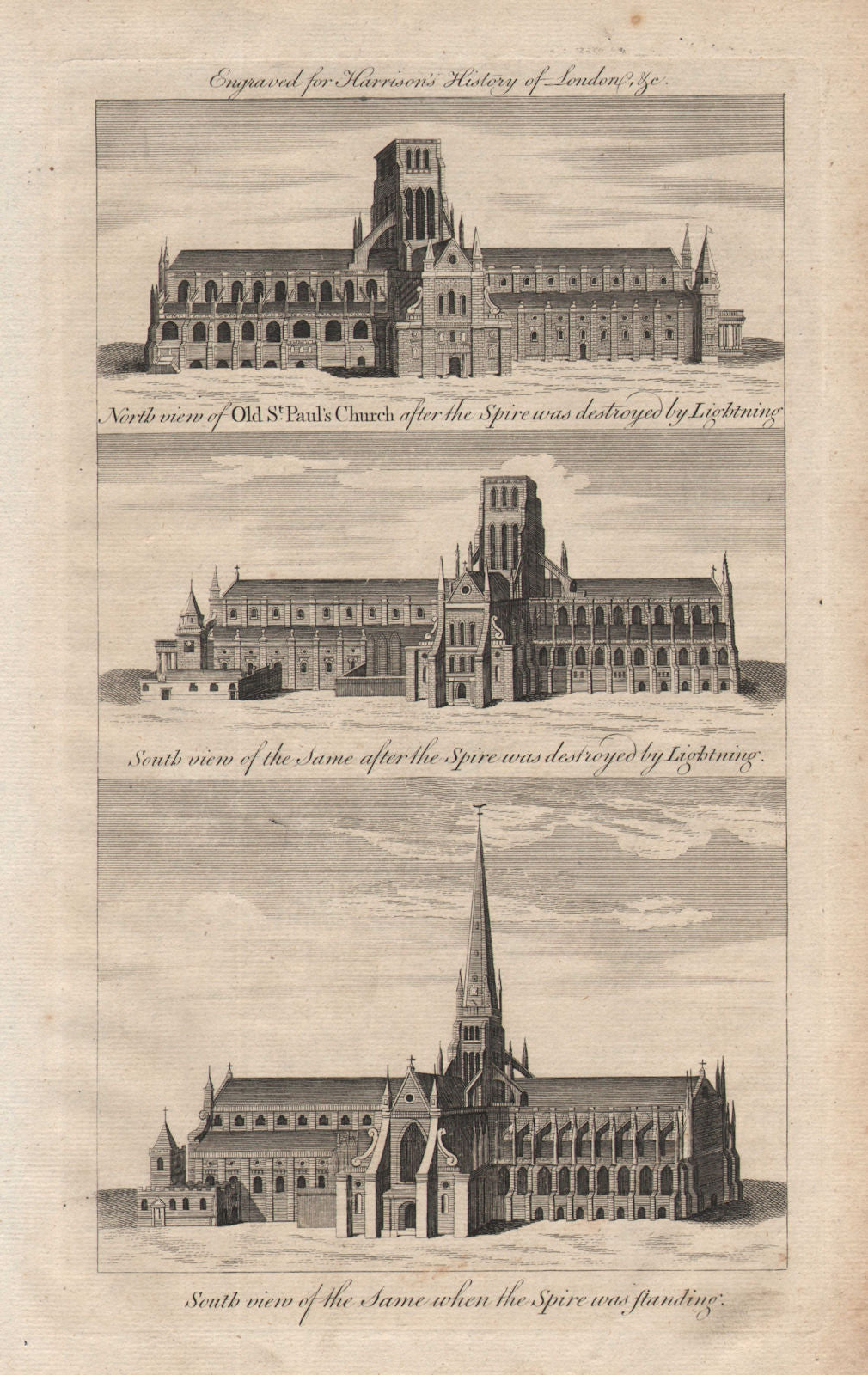 Old St Paul's cathedral. North & South views with & without spire. HARRISON 1776